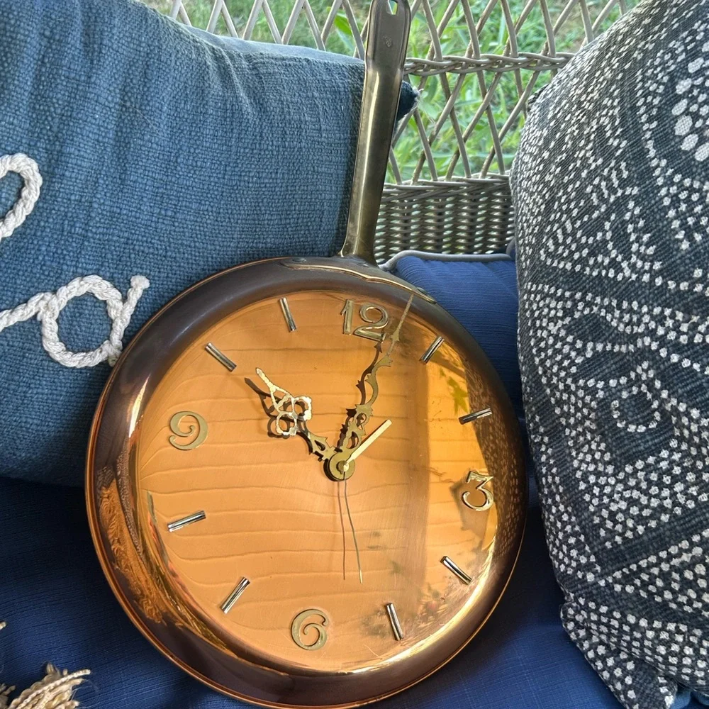 Vintage Copper Frying Pan Wall Clock with Brass Handle